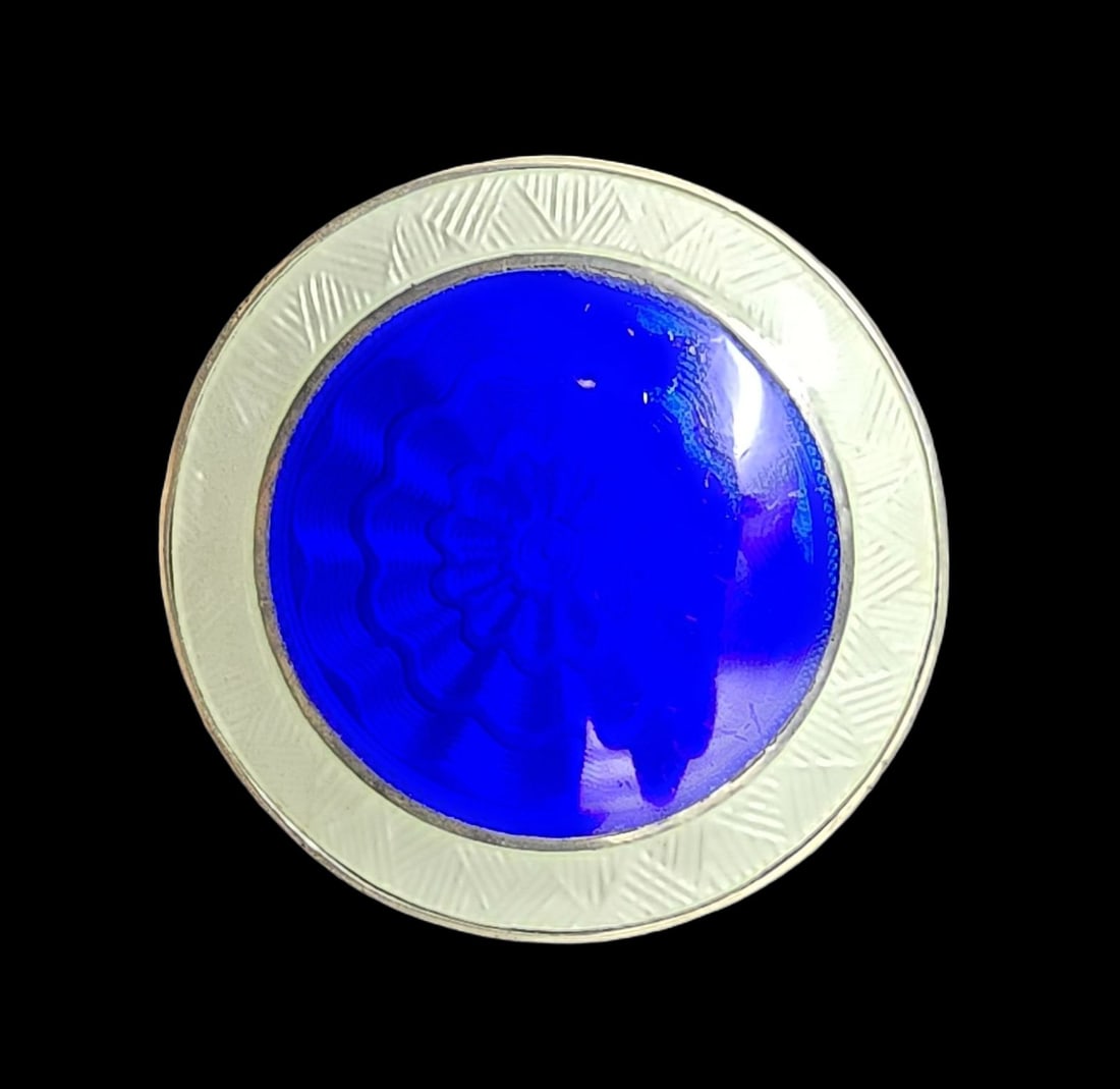 Beautiful Antique Sterling Silver, White & Blue Guilloche Enamel Pill Box: Very good antique condition with minor patina according to age. Measures approx. 1/2" high and 1" wide and weighs ca. 25 grams. Marked for Sterling Silver.