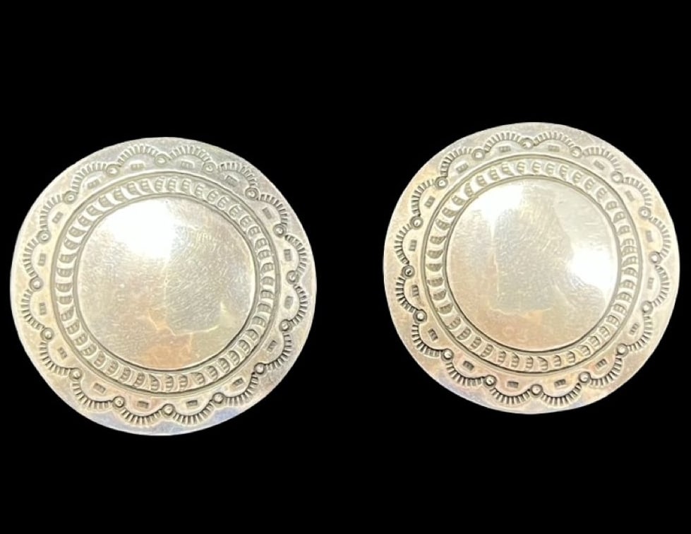Beautiful Ornate Vintage Native American Sterling Silver Earrings - Signed: Very good vintage condition with minor patina according to age. Measures approx. 1 1/2" long and 1 1/2" wide and weighs ca. 15.6 grams. Marked for Sterling Silver.