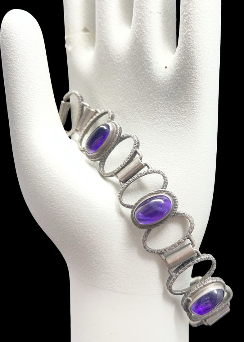Stunning Vintage Mid-Century Modern Brutalist European 835 Silver & Amethyst Bracelet: Very good vintage condition with minor patina according to age. Measures approx. 11" long and 3/4" wide and weighs ca. 47.7 grams. Marked for 835 Silver.