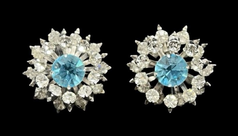 Beautiful Ornate Vintage Silver-Tone Metal, Clear & Blue Rhinestone Costume Jewelry Earrings: Very good vintage condition with minor patina according to age. Measures approx. 1" long and 1" wide and weighs ca. 10.5 grams.