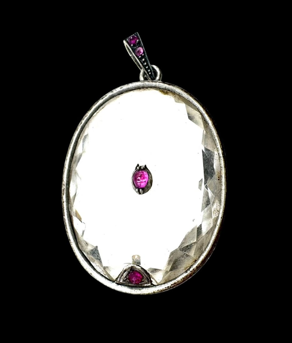 Rare Antique European 800 Silver & Rock Crystal Pendant Necklace & Inlaid Rubies: Very good antique condition with minor patina according to ag, ca. 1900. Measures approx. 2" long x 1" wide and weighs ca. 15.5 grams. Tested for 800 (80%) silver.