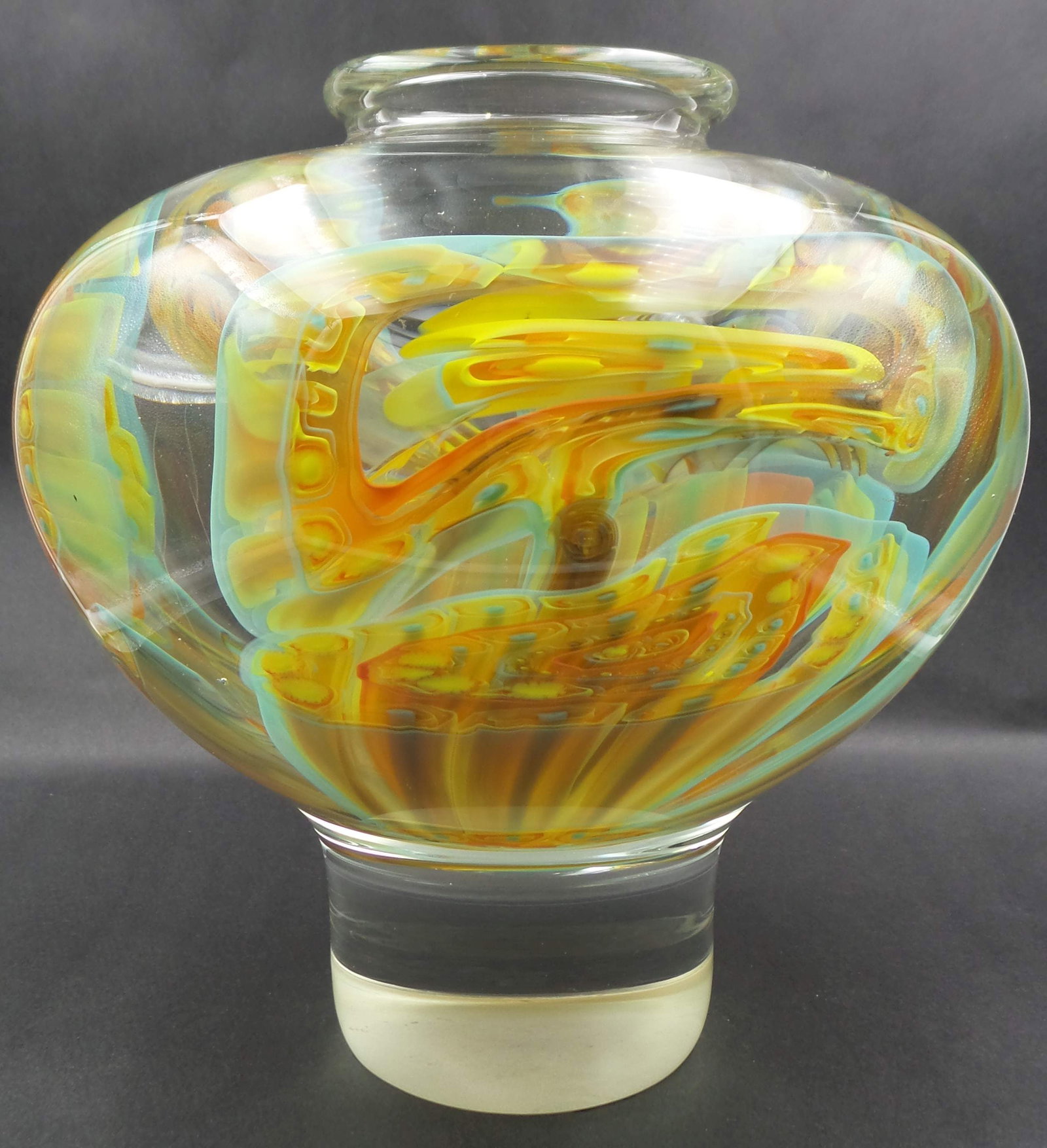 Very Unusual, Large & Heavy JOSEPH NIELANDER Mouthblown Art Glass Vase: Masterfully handmade piece with mesmerizing interior. Very good vintage condition; No chips, cracks, or repairs. Measures approx. 8 1/2" high x 8" in diameter (at the widest). Signed on the bottom. Ve