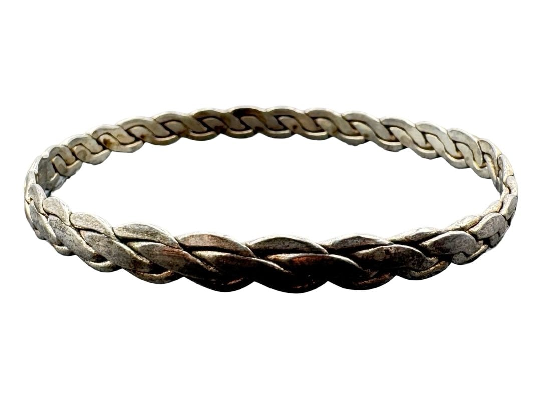 Stunning Vintage Scandinavian Style Traditional Interwoven Sterling Silver Plait Bangle Bracelet: Very good vintage condition with wear and patina according to age. Measures approx. 2.5" in diameter and weighs ca. 13.80 grams. Tested for Sterling Silver.