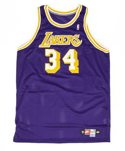 Shaquille O'Neal Los Angeles Lakers Away Jersey: Pro cut. Made in USA Date: 1997-98 Brand: Nike Size: 56 +4": 27.5"x40" Color: Purple