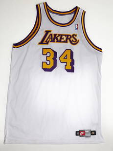 Shaquille O'Neal Los Angeles Lakers White Prototype Jersey: Produced at the request of Jerry West to pitch the concept of a white uniform to the league. Approved for play beginning in 2002. Pro cut. Made in USA Date: 1997-98 Brand: Nike Size: 56 +4": 27.5"x41.