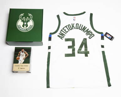 Giannis Antetokounmpo Milwaukee Bucks Autographed Jersey Box Set: Signed in silver marker on verso. Bobble head and correspondence included Date: 2018-19 Brand: Nike Size: 48 (Large) Color: White