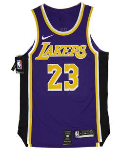 LeBron James Los Angeles Lakers Autographed Statement Jersey: Signed in black marker. Authentic. Tags affixed Date: 2019-20 Brand: Nike Size: 44 (Medium): 20"x31.5" Color: Purple