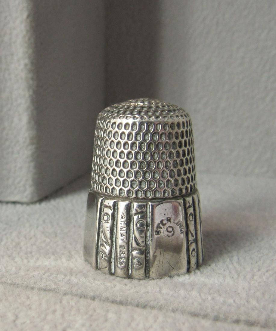 Simmons Sterling thimble. Patented: Marked sterling patented May 28th 1889 outside Simmons stamp on the inside