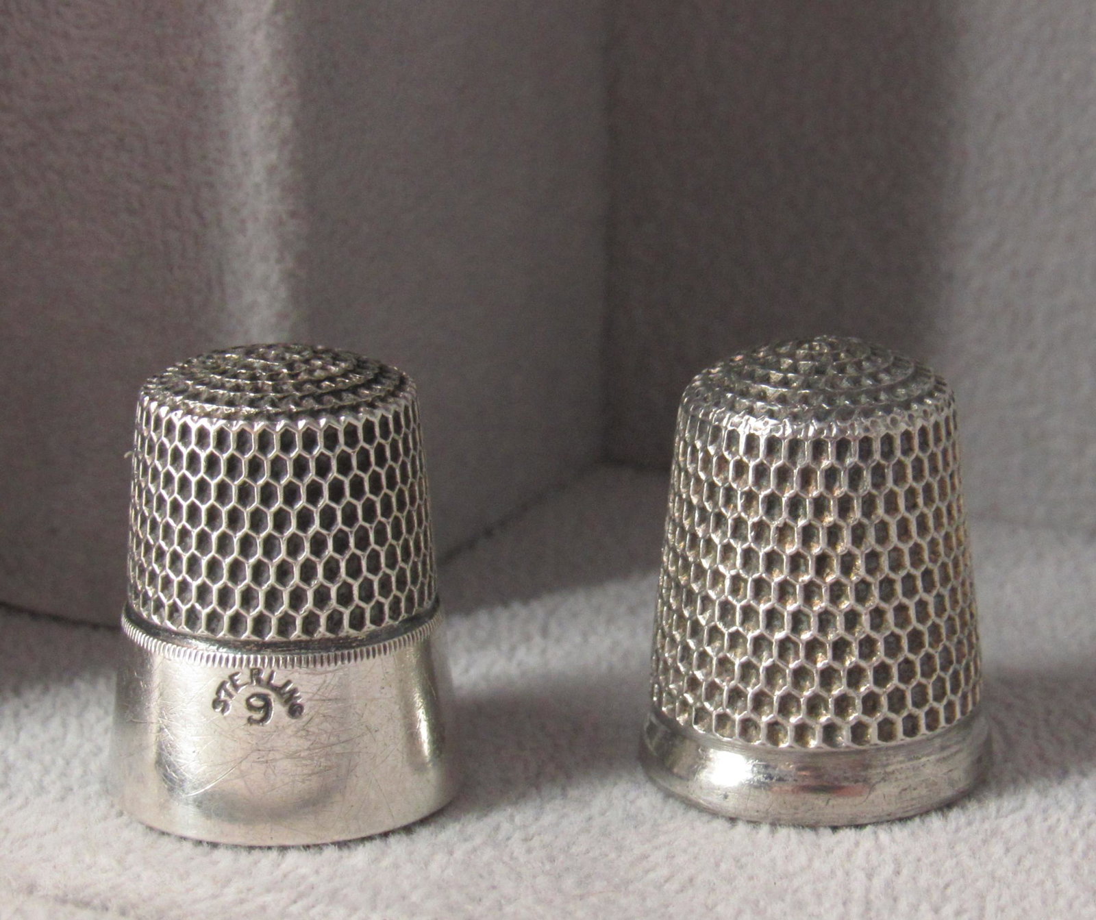 Pair Sterling Silver Thimbles, Simmons: Pair sterling thimbles, Simmons size 9 and Brogan size 9