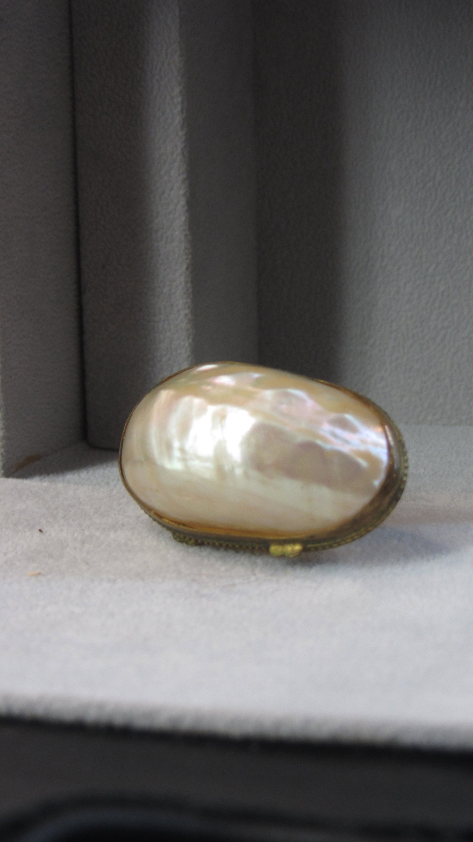 Needle case, clam shaped: Needle case, mother of Pearl with brass trim , clam shaped