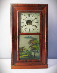 B. Bradley Bevel Front Clock with Round Trim.: Appears all original most likely retailed by Bradley and manufactured by others. Case design and movement indicate possible lineage to Atkins Porter? ~ Wonderful period eglomise painted tablet, dial