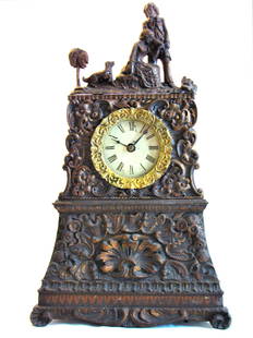 Nathaniel Batchelor Iron Front Clock: Nathaniel Batchelor Figural Antique Clock Time, Strike and Alarm. What can we say about this. ~ Nice rare clock. ~ 1851 Patent for this "Frame". ~ Design Patent #372 awarded to Batchelor.