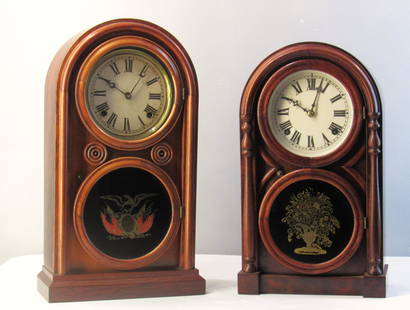 Pair of Roundtop clocks. Atkins #2. and E. Ingraham with Patriotic Eagle Tablet.: Pair. Atkins roundtop #2. and an E. Ingraham Round top w/ eagle tablet