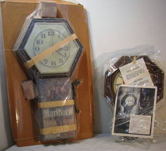 Pair of New Old Stock (N.O.S) Coca Cola, Marlboro Advertising clocks: Coca Cola and Marlboro Cigarettes electric advertising store fixtures. ~ New Old Stock.