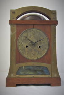 Hamburg American Clock Co. Arts and Crafts Mission Style Bell on top: German Hamburg American. Arts and Crafts Mission style clock with Gallery and Overhead Bell.Oak with Slag glass insert and metal decoration.