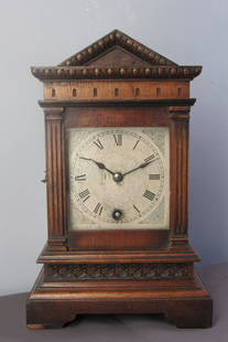 Lenzkerch Bracket Mantle Timepiece .: Small bracket style timepiece with pediment top. German 8-day movement. Silvered engraved dial.Antique clock.