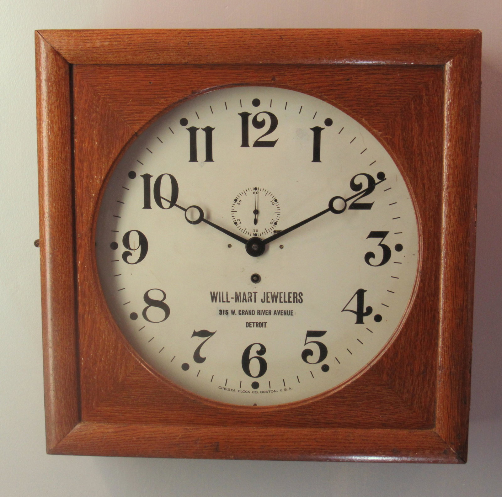 Chelsea Wall Lever Clock~ Will - Mart Jewelers Detroit ~ Advertising: Chelsea wall lever Clock. Oak Case. All Original with advertising dial.Apparently they may have moved or printer got address wrong as the dial has been touched-up for change of address. ~~ Remember to
