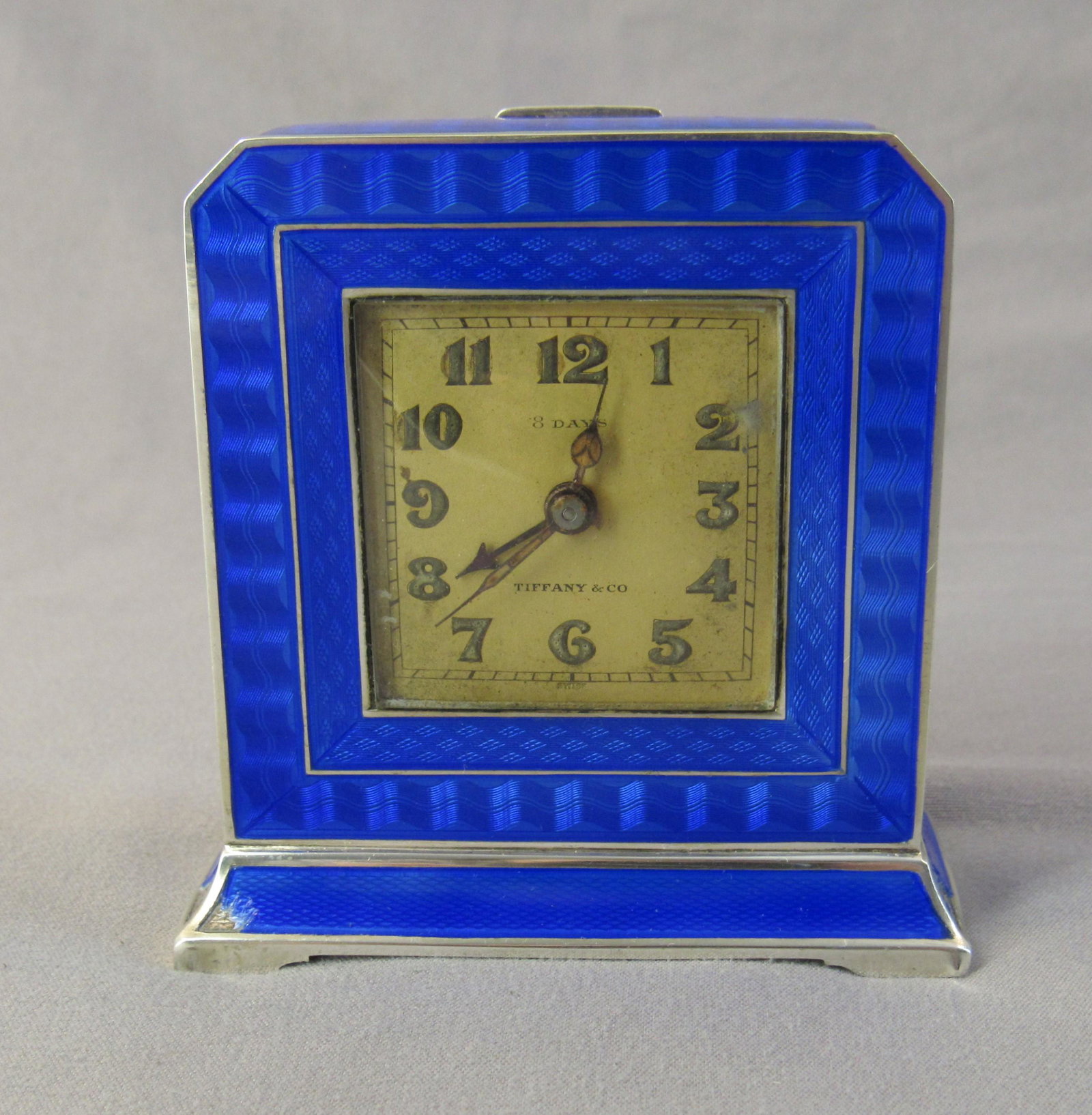 Tiffany and Company Sterling Blue Guillouch Clock with Alarm.: Tiffany and company sterling and blue guillouch alarm clock.