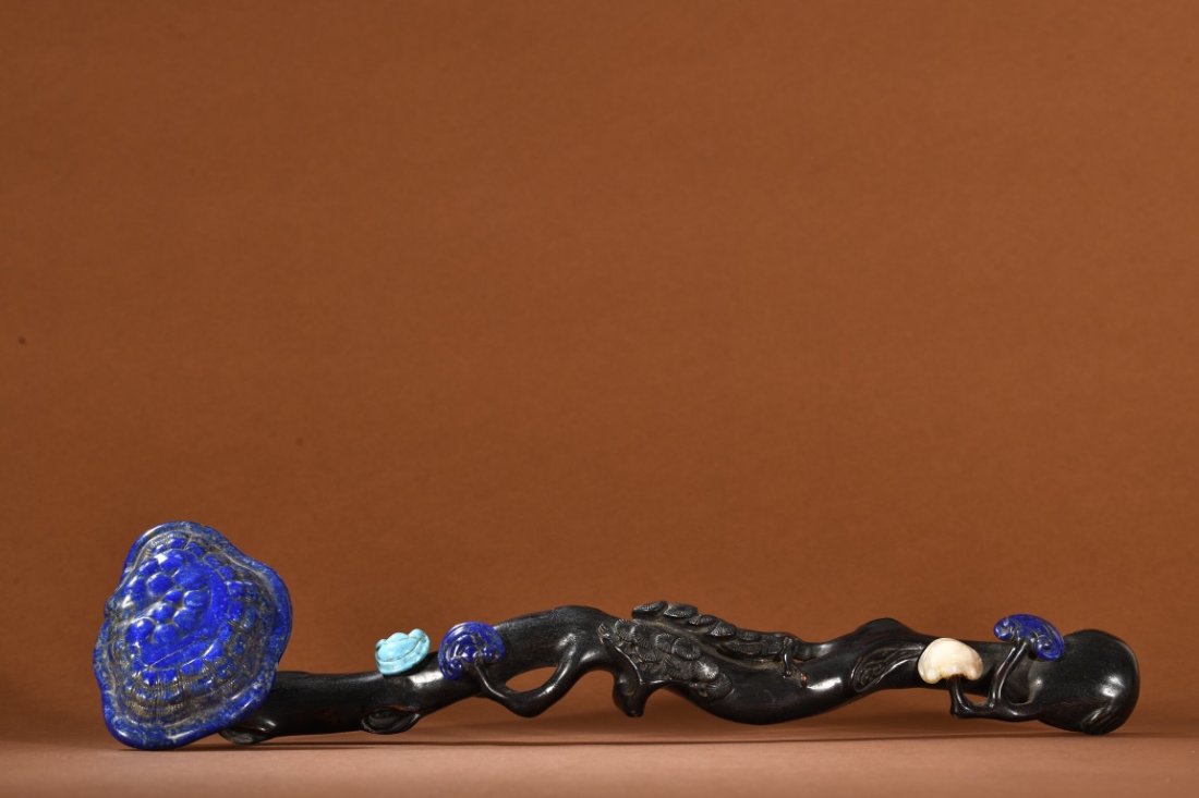 QING DYNASTY SANDALWOOD INLAID LAPIS LAZULI RUYI SCEPTER (1 of 9)