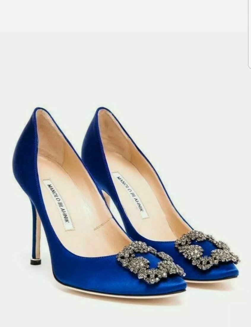 Manolo Blahnik Hangisi Crystal Embellished Jewel Blue Satin Pump High Heels 37 (1 of 1)