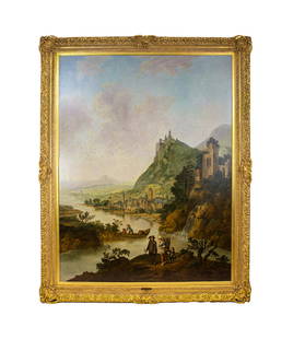 A CAPRICCIO RHINELAND LANDSCAPE, LARGE OIL ON CANVAS ATTRIBUTED TO CHRISTIAN GEORG SCHUTZ 18TH/19TH: Large oil on canvas paintings (Capriccio Rhineland landscape) attributed to the German Artist Christian Georg Schutz. Dimensions: H: 194cm, W: 158cm, D: 8.5cm Canvas: H: 168cm, W: 132cm, D: 2cm