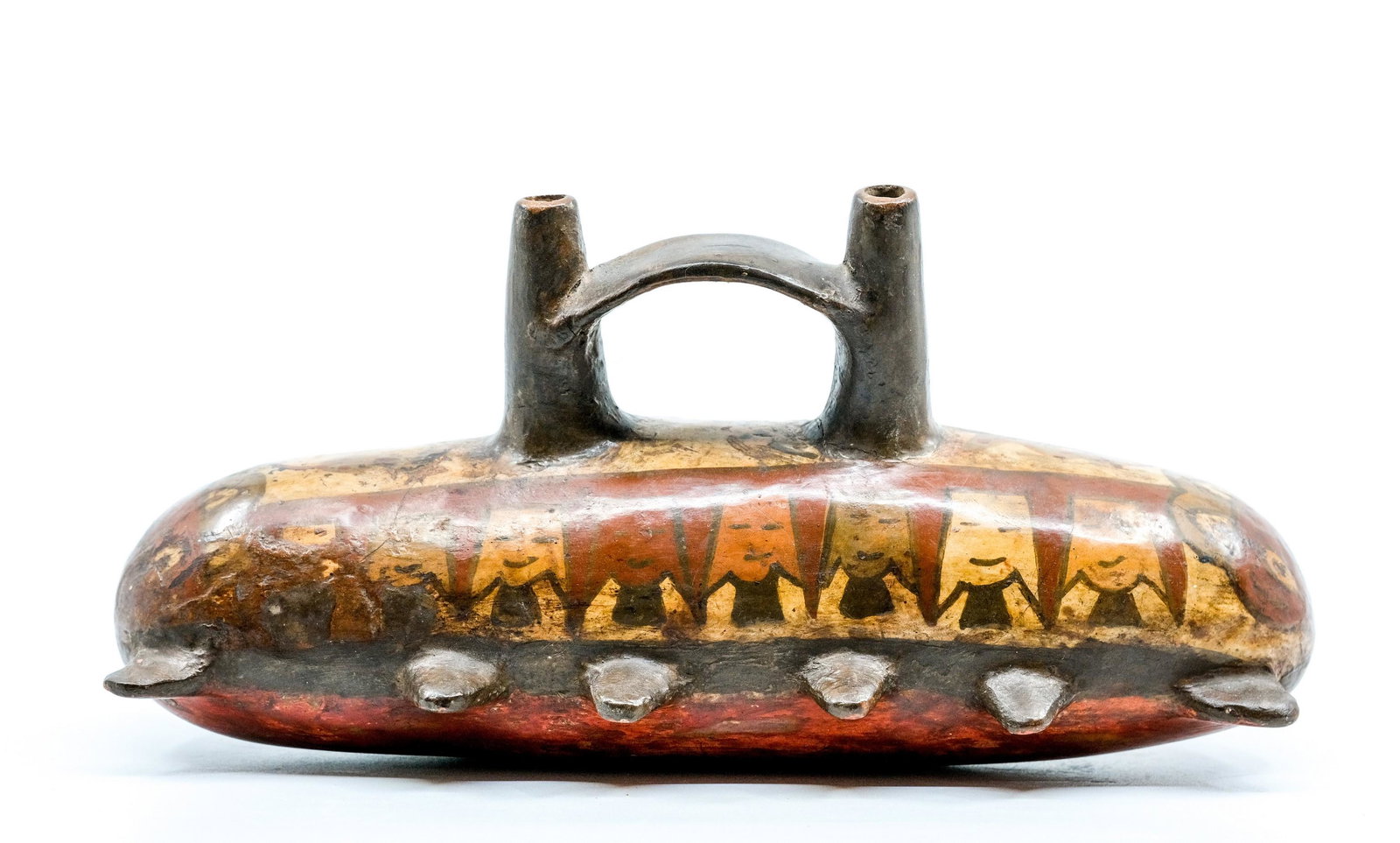 Pre-Columbian Caterpillar Stirrup Double Vessel: Pre-Columbian Caterpillar Stirrup Double Vessel, Double spouted vessel with bridge connecting the two spouts, Polychrome, Nazca civilization, Rare and unusual vessel, A face is painted on the front, S
