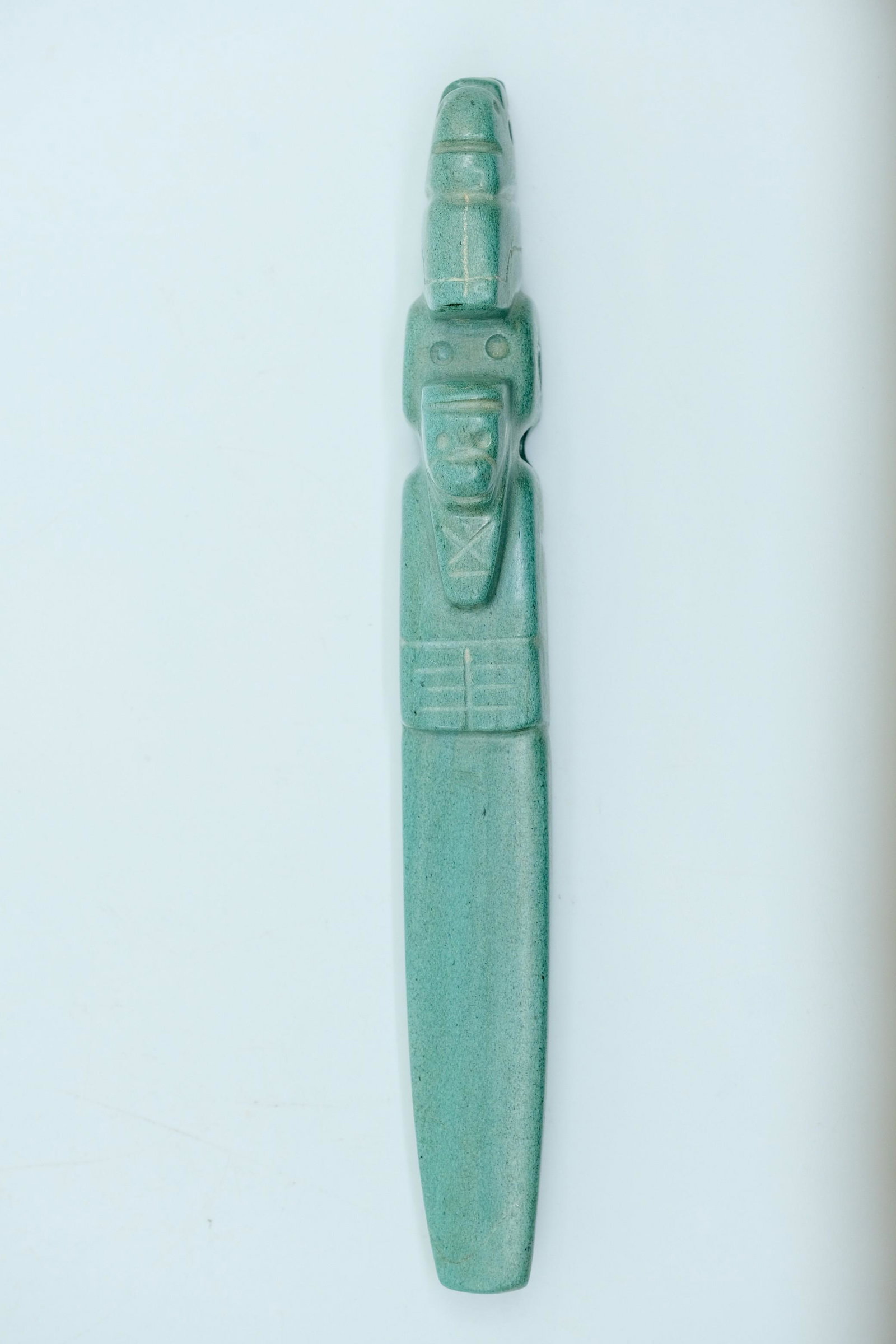 Pre-Columbian Pale Green Stone Axe God: Pre-Columbian Pale Green Stone Axe God, Totem Style, Origin: Nicoya, Costa Rica. - Measurement: 8 3/8" L x 1 1/2" W Weight: 6.1 OZ.