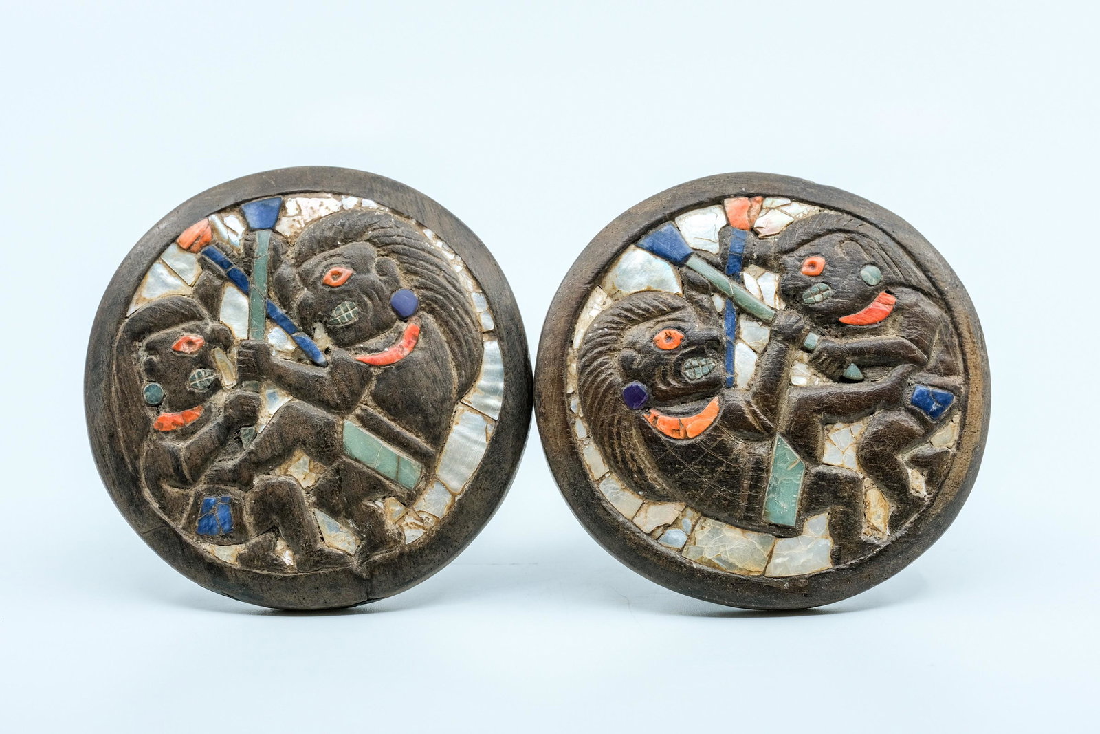 Pre-Columbian Mosaic Moche Ear Plugs: Pre-Columbian Mosaic Moche Ear Plugs, Very large ear ornaments with circular shape and long shaft in the back, These large ear plugs were a symbol of wealth and power, Mosaic depicts two fighting warr