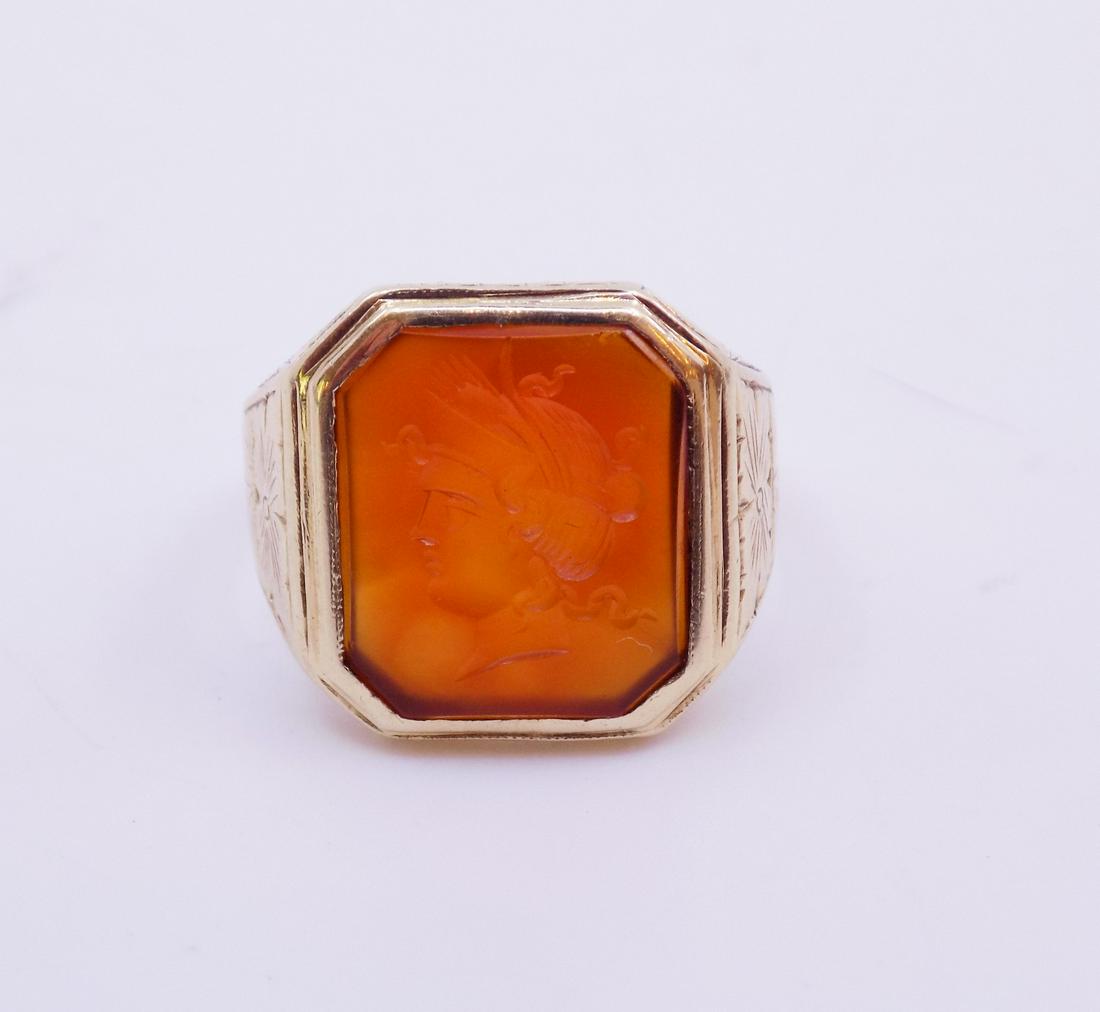 Intaglio Gold Ring: Intaglio Gold Ring, 14K. - Measurement: 7/8" L x 3/4" W Weight: 7.0 Grams