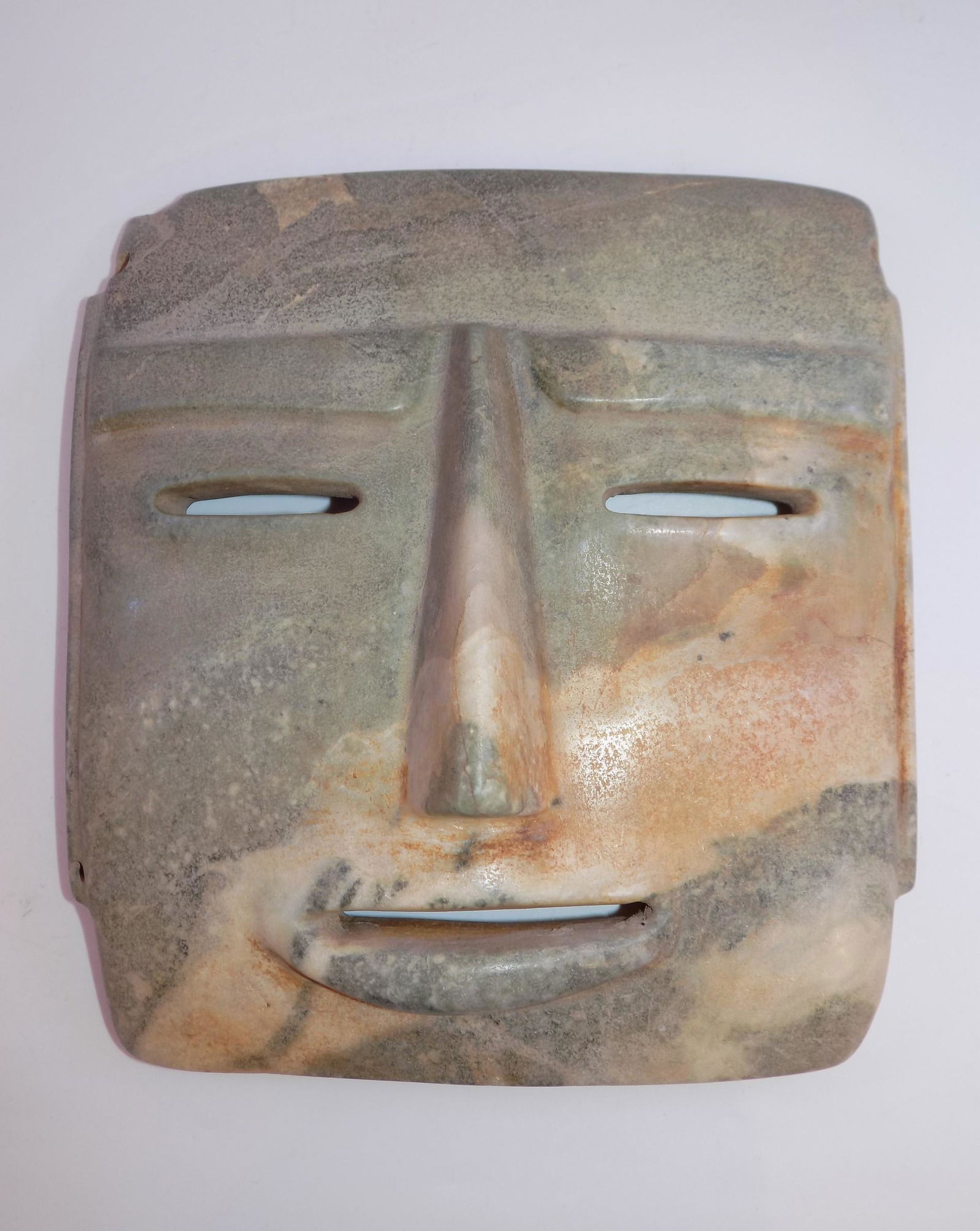 Pre-Columbian Green Stone Chontal Mask: Pre-Columbian Greenish-White Stone Chontal Mask. - Measurement: 7 1/2" L x 7 1/4" W Weight: 2 LB. 10.8 OZ.