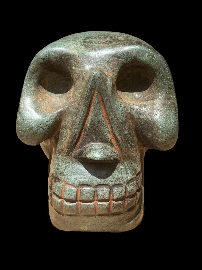 Pre-Columbian Mayan Green Stone Skull: Pre-Columbian Mayan Green Stone Skull, Measurements: Approx. 5 1/4" L x 4 3/4" W