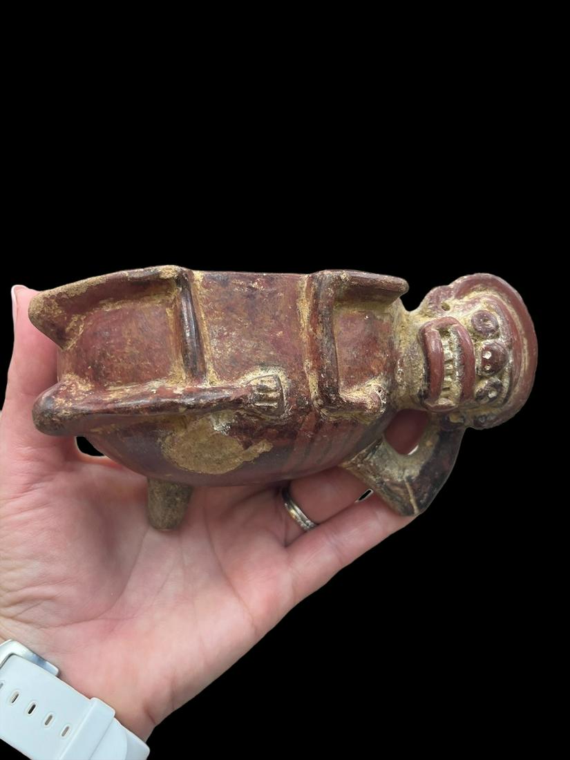 Pre-Columbian Reclining Figure Bowl with Incised Lines: Pre-Columbian Reclining Figure Bowl with Incised Lines, Very Detailed Face and Incised Lines, Origin: Nicoya, Costa Rica., Measurements: 6" L x 3" W x 3" H