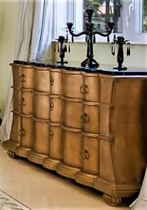 48" three Draw Gold Console with Granite Top. This incredible piece was purchased at Neiman Marcus: 48" three Draw Gold Console with Granite Top. This incredible piece was purchased at Neiman Marcus and features a Scalloped Front Design with matching Black Granite Scalloped Top. Each Draw has three