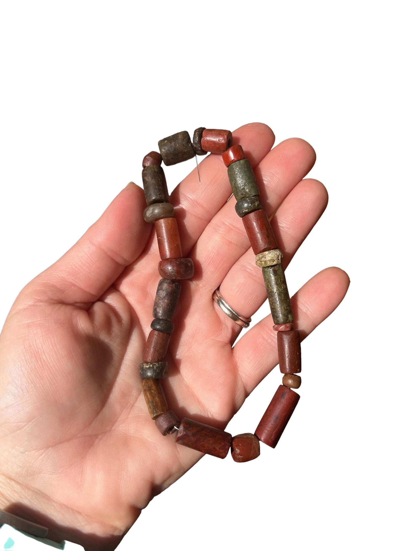 Collection of Pre-Columbian Jasper and Green Stone Beads: Collection of Pre-Columbian Jasper and Green Stone Beads, Includes approx. 26 included, Various sizes. Measurements:Range in size from 1/4" to 7/8" each.