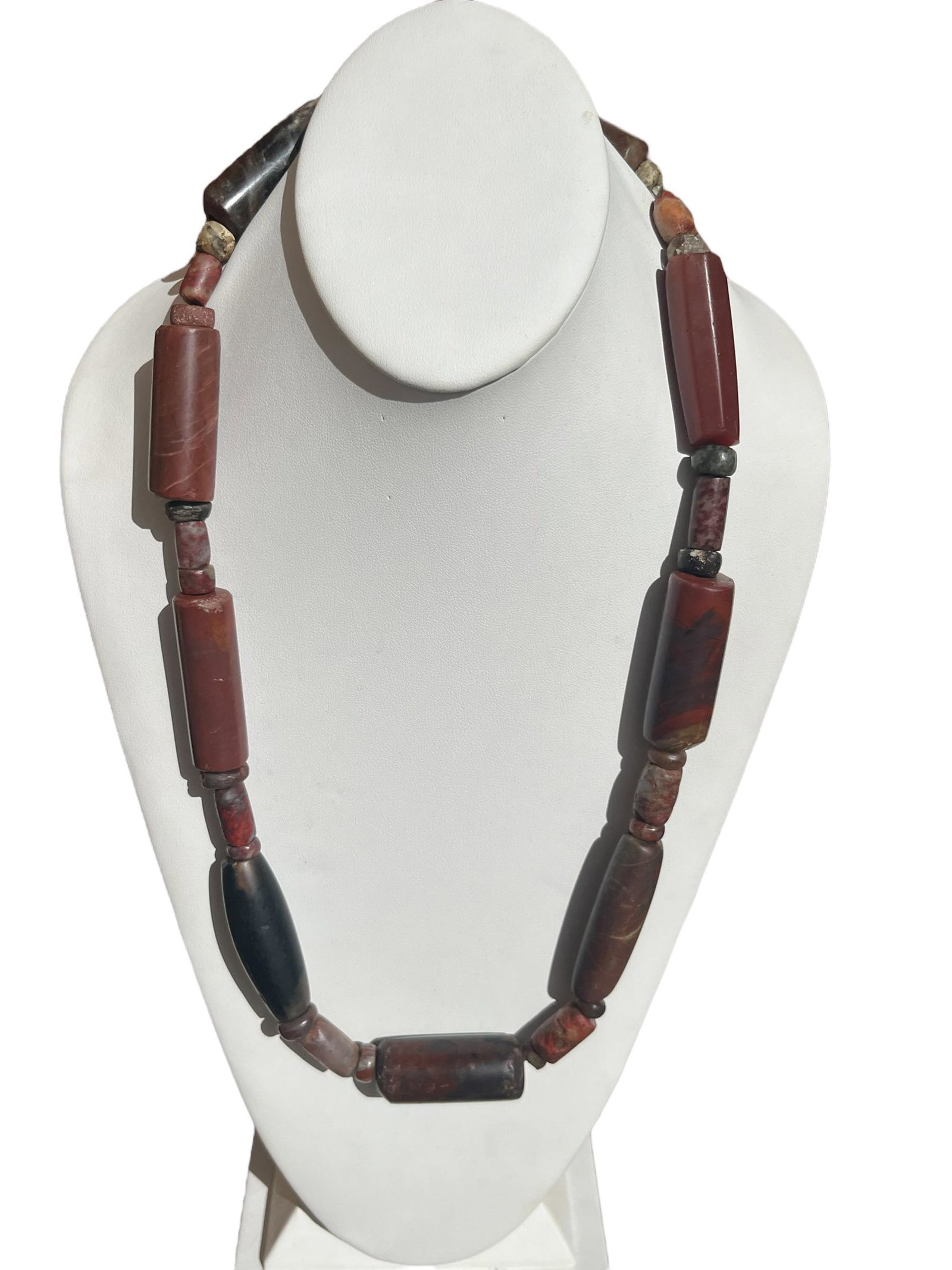 Pre-Columbian Carnelian, Green Stone and Assorted Bead Necklace: Pre-Columbian Carnelian, Green Stone and Assorted Bead Necklace, Green stone, Carnelian and other assorted stones. Measurements:Drop length: 13" L
