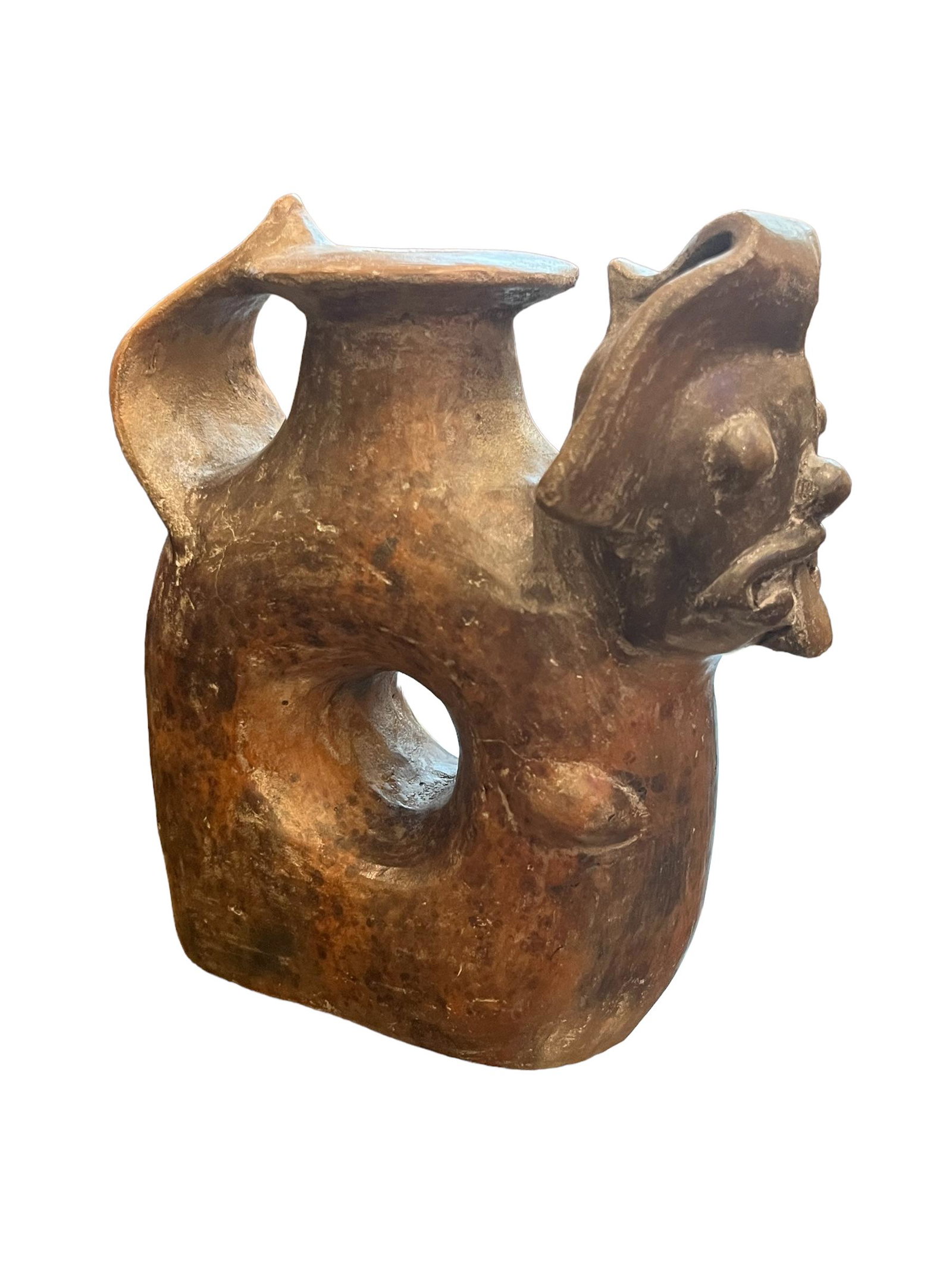 Pre-Columbian Mayan Container: Pre-Columbian Mayan Container, Face with tongue out. Measurements:Approx. 7 1/2" L x 6 1/2" W