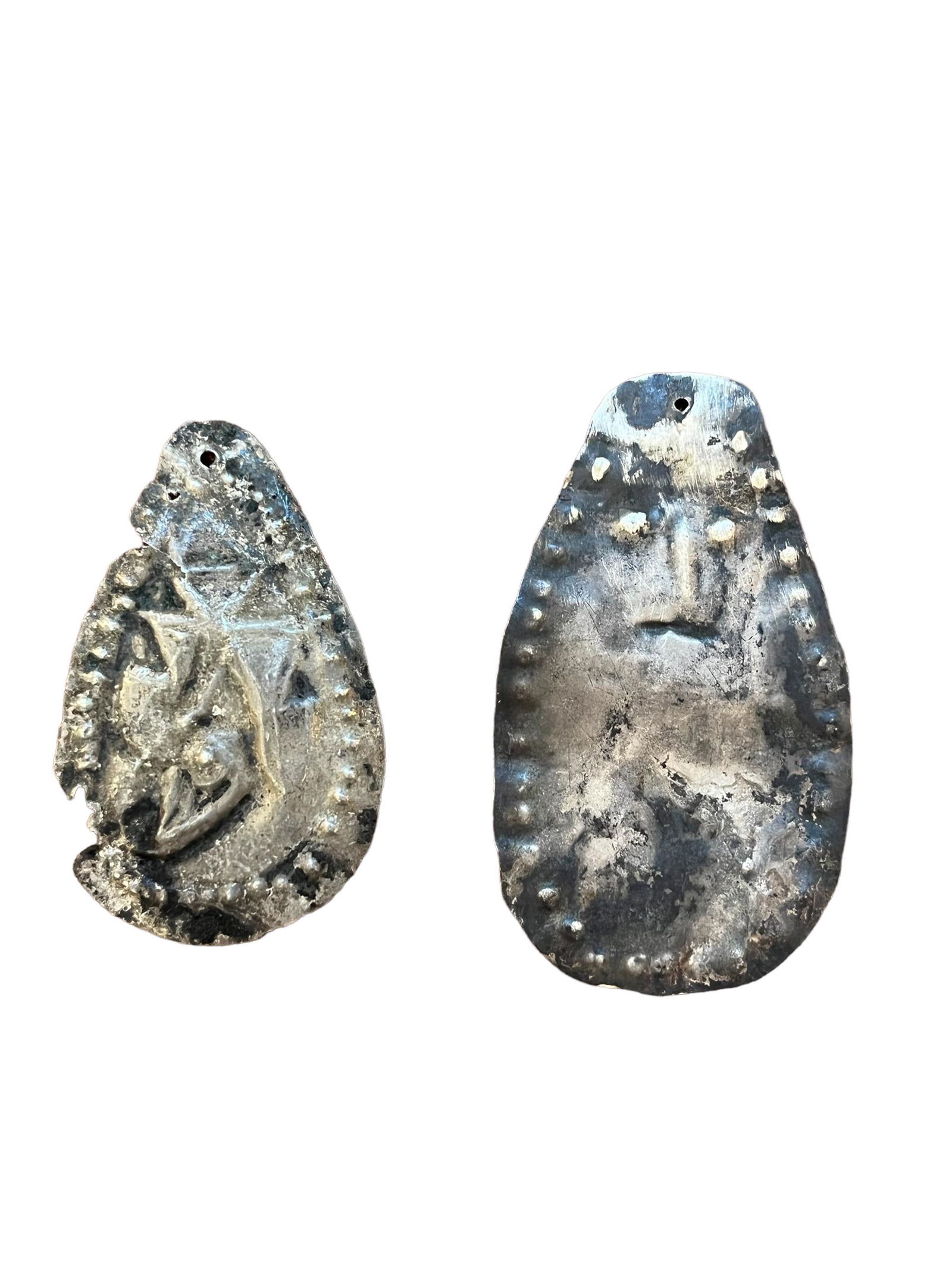 Pre-Columbian Silver Moche Pendants, Pair: Pre-Columbian Silver Moche Pendants, Pair Measurements:1.) 2 3/8" x 1 3/8", 2.) 2" L x 1 1/4" W