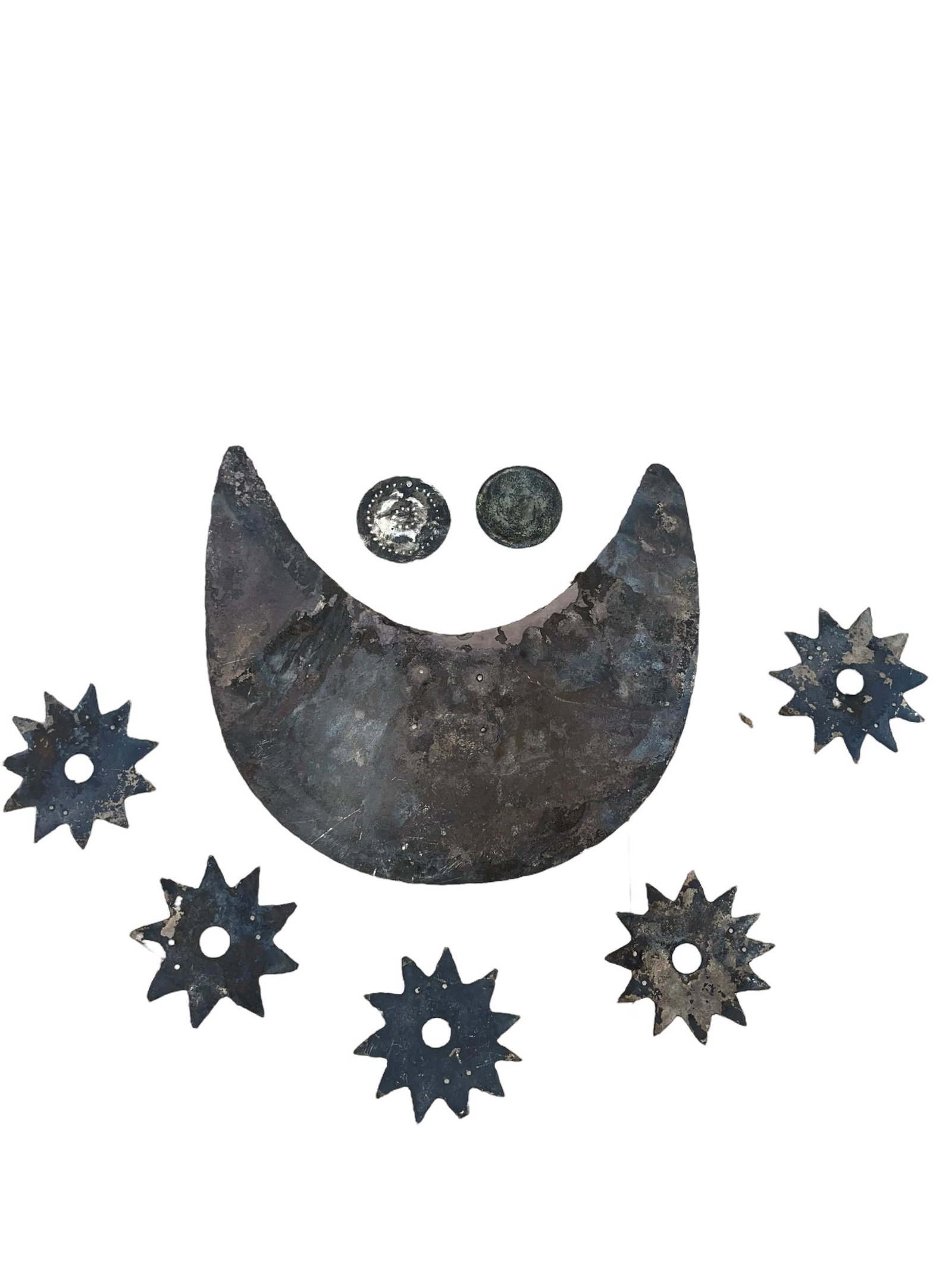 Pre-Columbian Silver Incan Pectoral and Ornaments: Pre-Columbian Silver Incan Pectoral and Ornaments, One large pectoral and 7 ornaments. Measurements:Large Pectoral: 7" L x 6" W, Stars: Approx. 2 1/4" x 2 1/4" Each, Round: Approx. 1 1/4" Each.