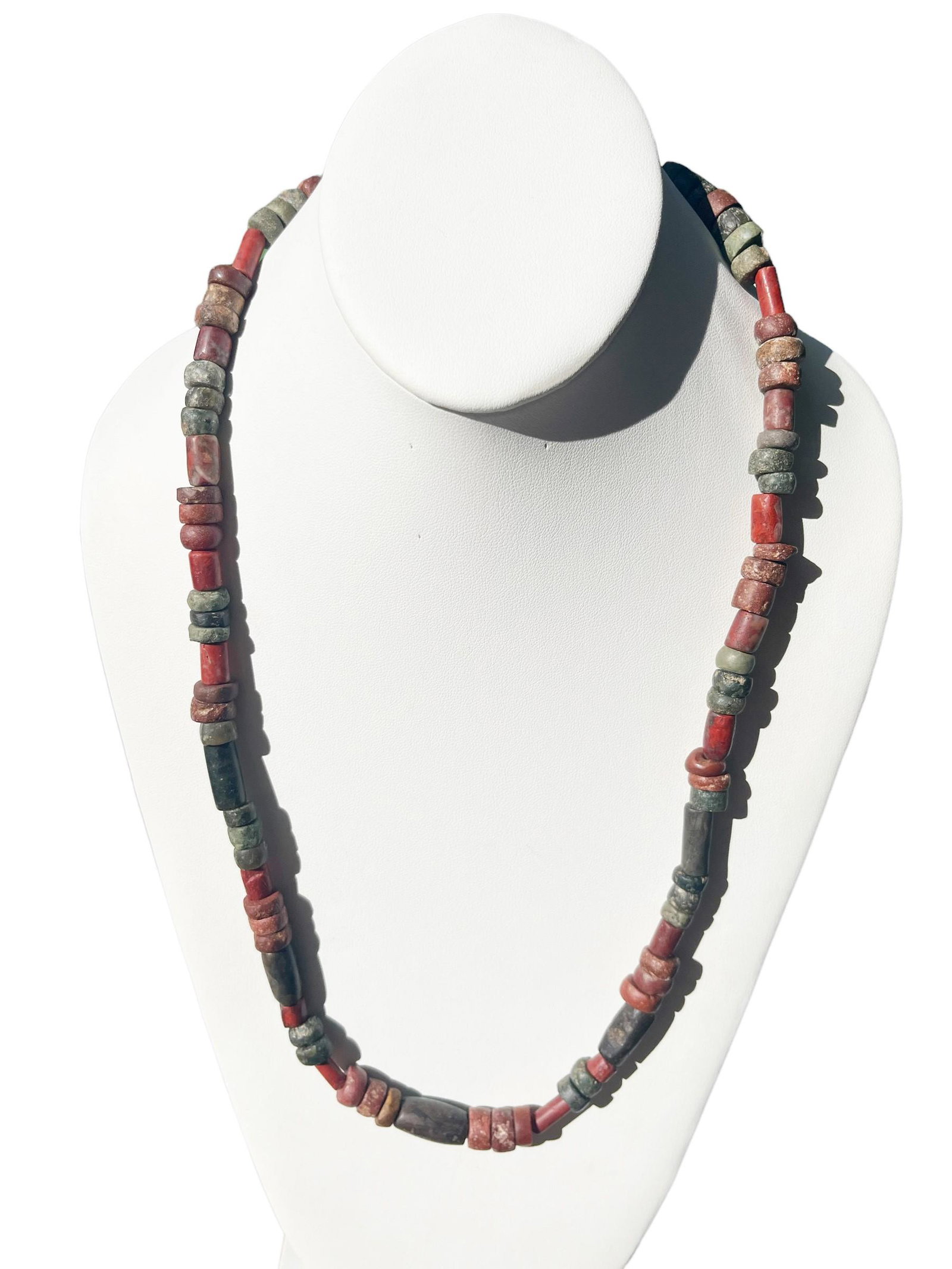 Pre-Columbian Tairona Culture Necklace: Pre-Columbian Tairona Culture Necklace, Carnelian and Green Stone beads. Measurements: Drop Length: 13" L