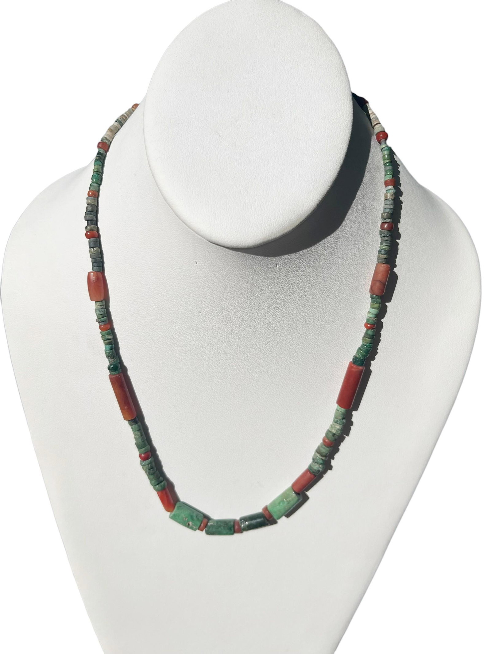 Pre-Columbian Tairona Culture Necklace: Pre-Columbian Tairona Culture Necklace, Dark green stone and Carnelian beads. Measurements: Drop Length: 10 1/2" L