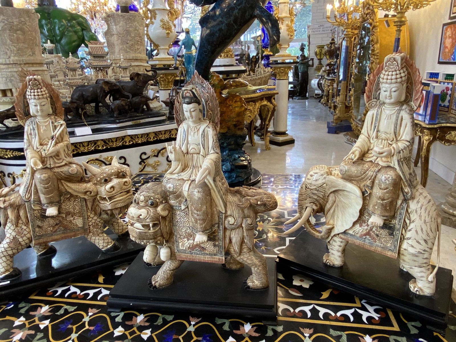 21" Three Piece Carved Bone Budha Set with (1) Budha Riding Elephant and (2) Budha's Riding Foo Dog. (1 of 9)