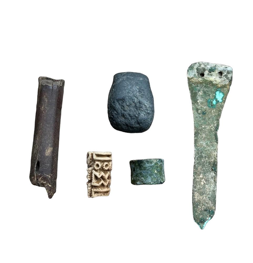 Pre-Columbian Artifacts, Lip Plug, Axe, Stamp and More: Pre-Columbian Artifacts, Lip Plug, Axe, Stamp, and More, Pre-Columbian Obsidian Lip Plug, Heavily patinated, Pre-Columbian Artifact, Possible Bone or antler, Pre-Columbian Clay Roller Seal Stamp, Pre-