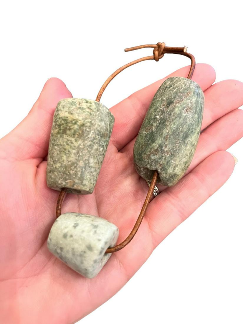 Pre-Columbian Mayan Jade Beads, 3: Pre-Columbian Jade Beads, 3 Included. Large chunky beads. Measurements: 1.) 1 1/2" L x 1 1/8" W, 2.) 1 7/8" L x 1 1/8" W, 3.) 7/8" L x 1" W