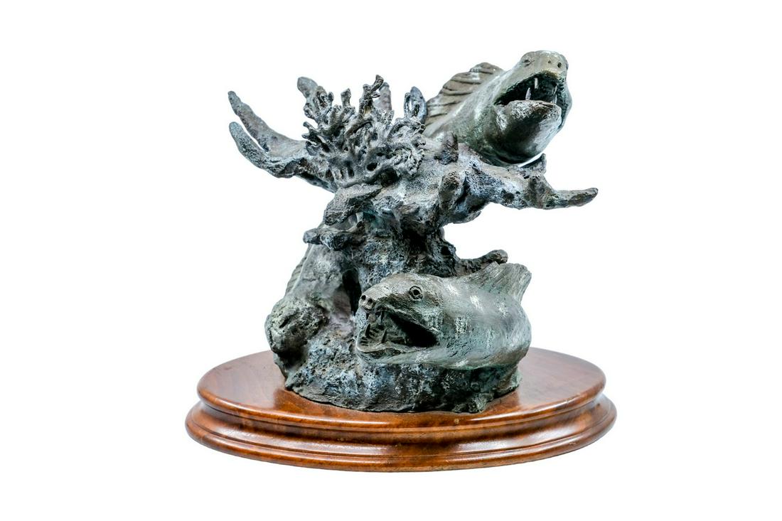 Bronze Sculpture of Moray Eels by AJ Obara Jr.: Bronze Sculpture of Moray Eels by A.J Obara Jr., Number 12 of 20, "Spotted Moray Eel," by Bronze wildlife artist A.J. Obara Jr.. Measurements: 10 1/2" L x 9" W x 10" H