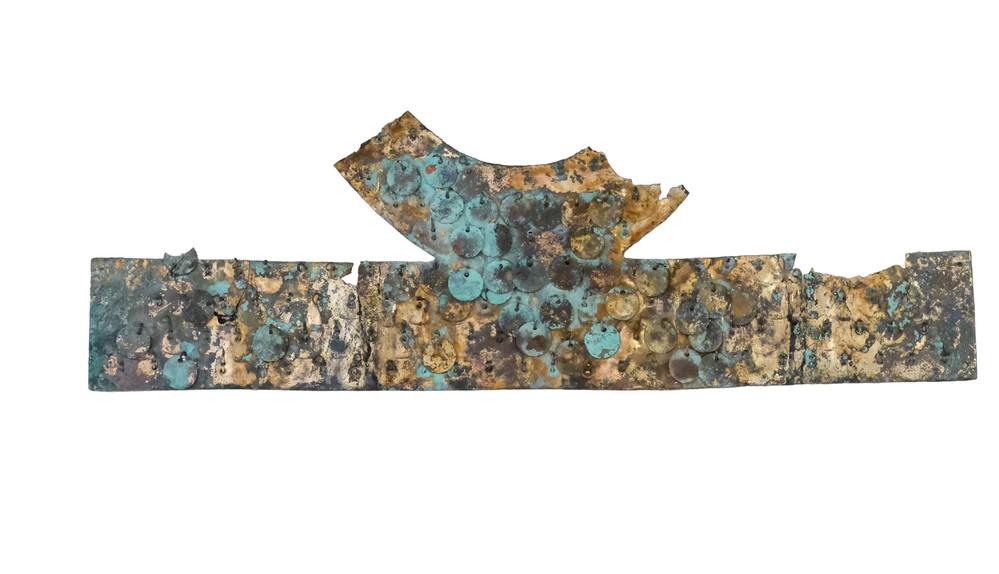 Pre-Columbian Copper Crown Gilded With Gold: Pre-Columbian Copper Crown Gilded With Gold, Variety of Applique, Incredibly large, heavy crown that is flattered out, Beautiful patina, Age: 800 A.D.