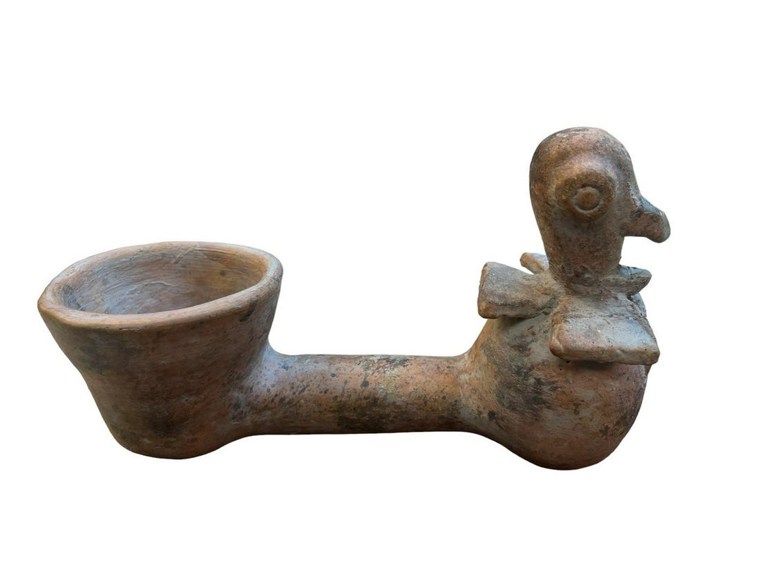 Pre-Columbian Style Clay Pipe: Pre-Columbian Style Clay Pipe, Age unknown. Measurements: 8 3/4" L x 3 1/2" W