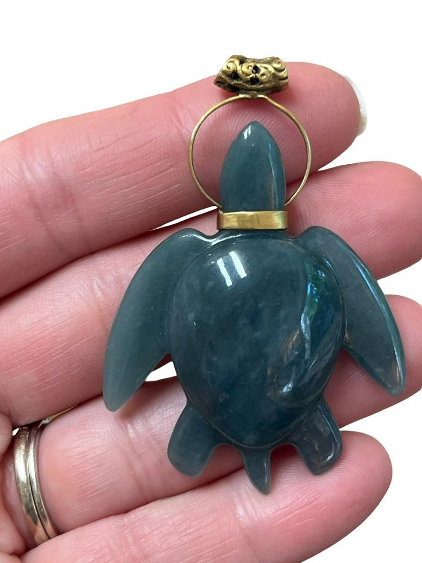 Montagua River Valley Jadeite Turtle Pendant: Montagua River Valley Jadeite Turtle Pendant, Translucent Jadeite, Custom Gold bale. Measurements: 2 1/4" x 1 5/8"