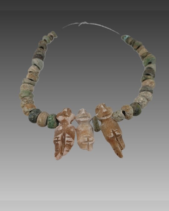 Precolumbian stone and jade necklace with figures: Precolumbian stone ad jade necklace with pendant figures, Guerrero MX, jade and calcite, 700-300 BCE, overall length approx 5”, private collection Palm Beach, FL