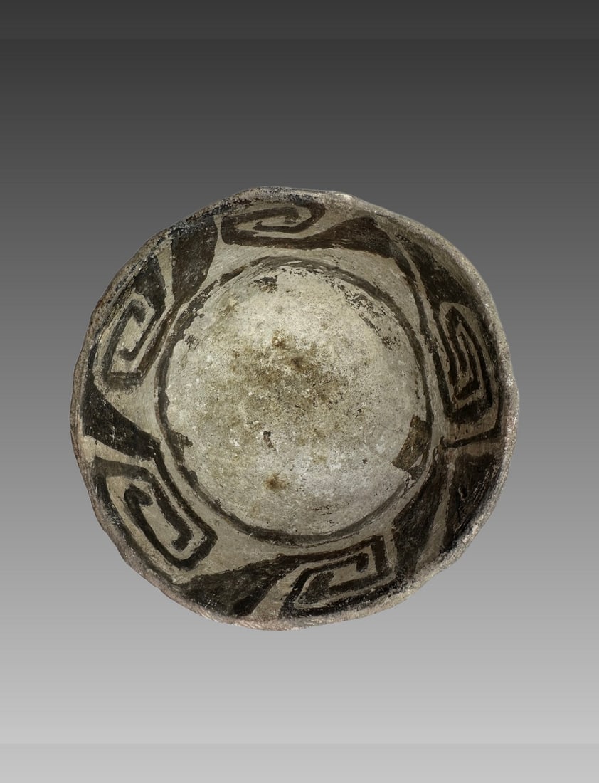 Prehistoric black on white pottery bowl, Anasazi: Prehistoric black on white pottery bowl, Anasazi, Mesa Verde type, Southwestern USA, 900-1300 CE, approx 5 7/8" diam, Dug by Archaeologist Hubert Levy on a dig in Mesa Verde, Handed down to Great Neph