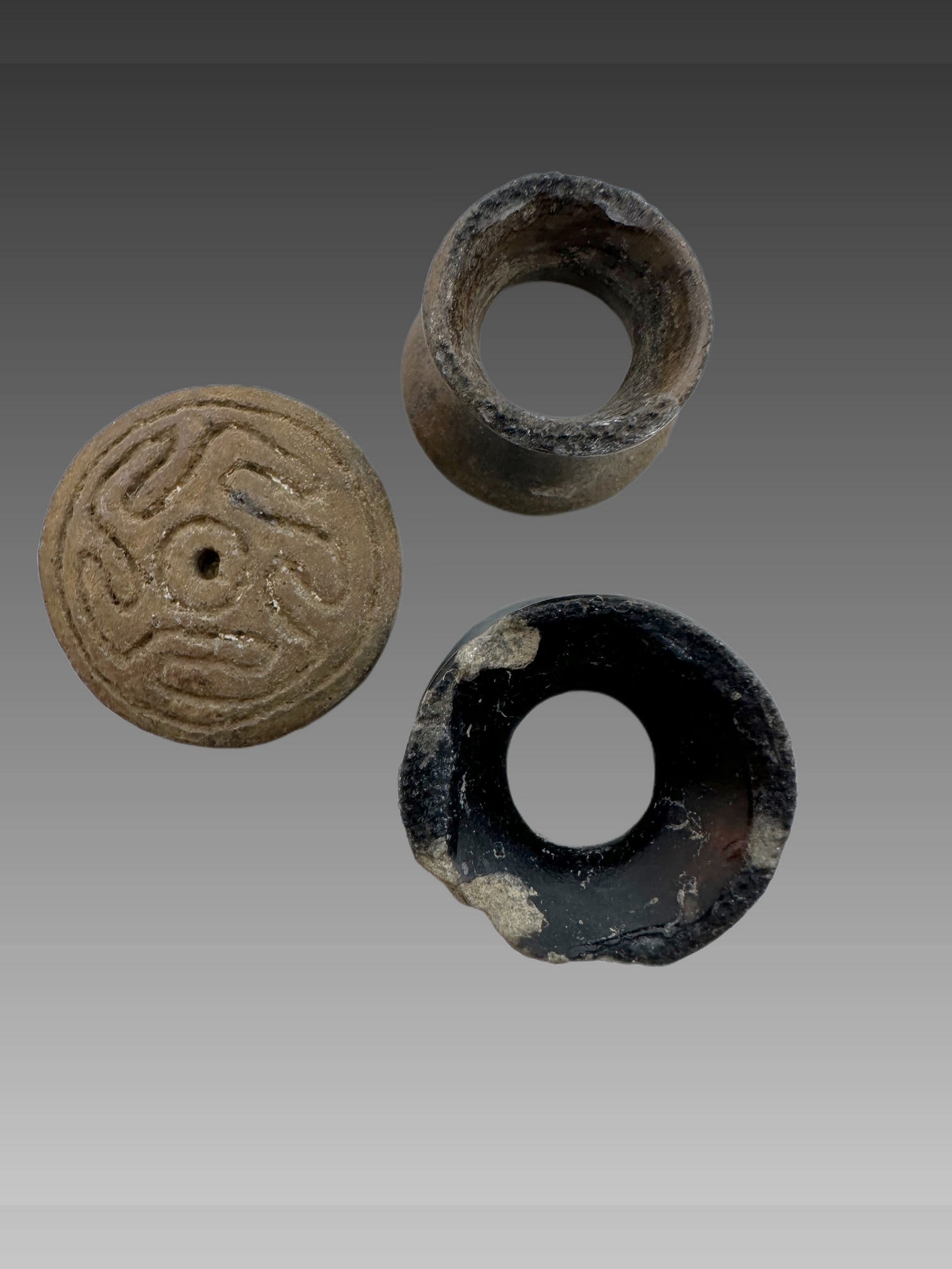 Precolumbian Mayan Earspools and Clay Stamp (1 of 3)